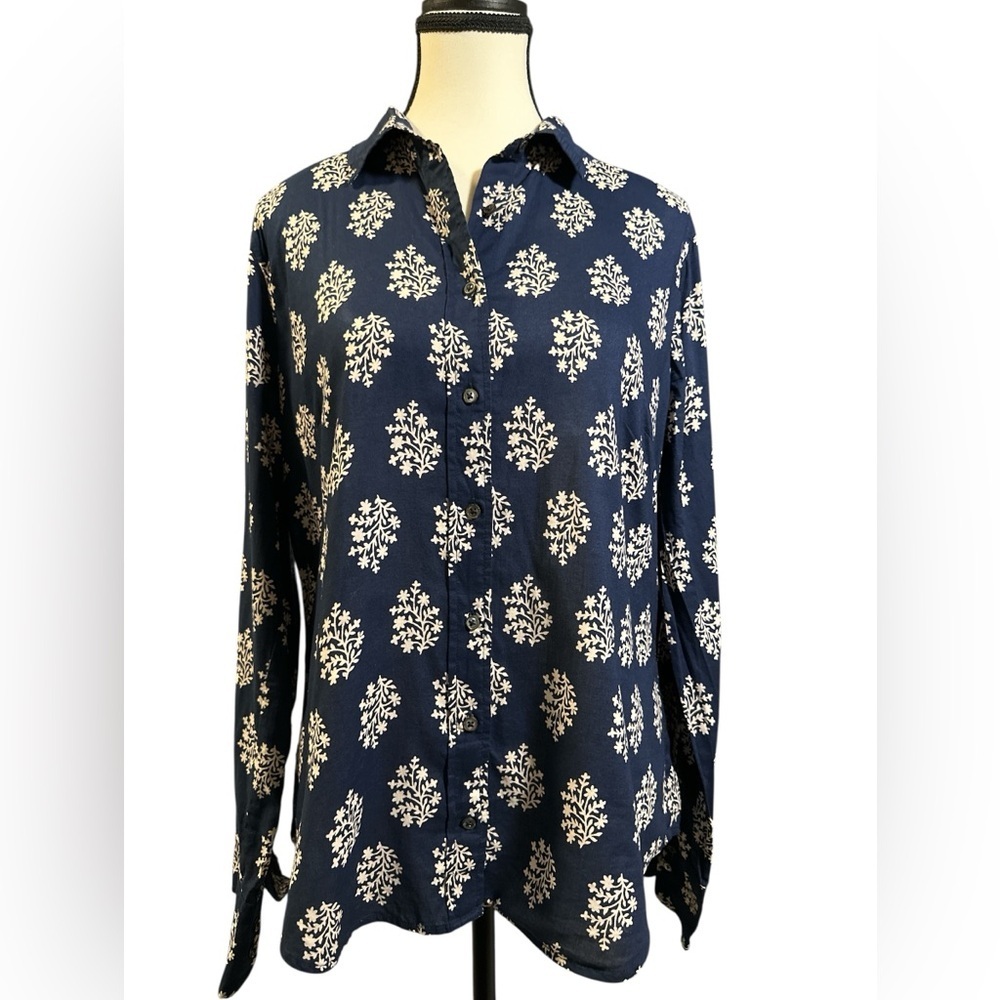 J. Crew Dark Blue Shirt with White Floral Design